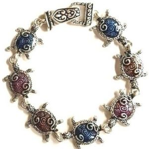 Silver Sea Life Turtle Charm Bracelet Beach Multicolor Enamel 7.75" Plated